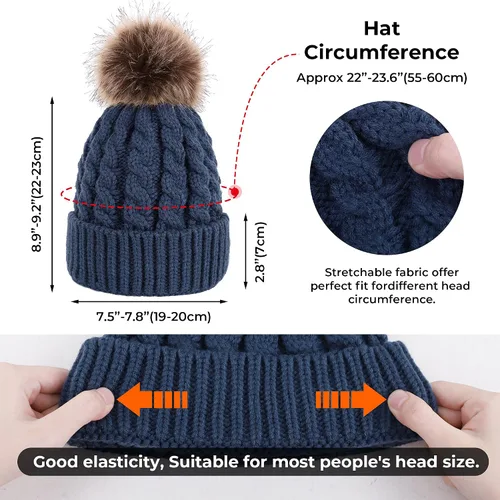 Vista 3 de Gorro tejido suave de invierno para mujer con borla de piel sintética, cálido, con diseño de calavera Cozy Lined_Denim Azul