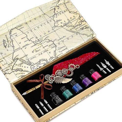 Vista 9 de NC Juego de tinta de plumas, incluye 5 botellas de tinta y 6 puntas reemplazables, bolígrafo mecánico para escribir, letras, diario, firma, Azul