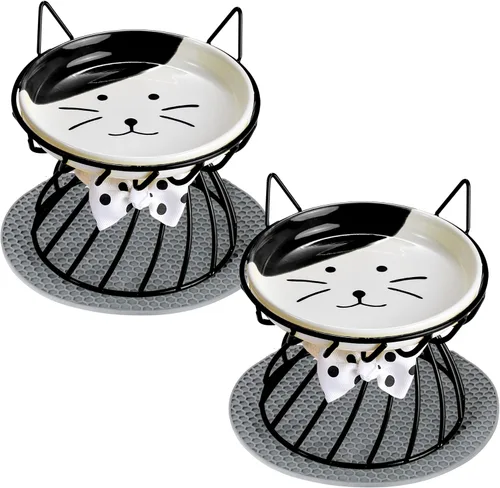 Vista 10 de Plato elevado de comida para gatos, cerámica, soporte antideslizante, estación de alimentación elevada, 5 pulgadas, poco profundo para bigotes, apto