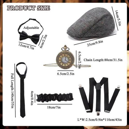 Vista 6 de Disfraces de los años 20 para hombre, traje de hombre de los años 20, accesorios de gran Gatsby, disfraz de gángster, sombrero de periódico