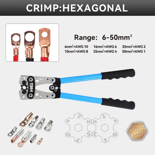Vista 2 de HKS Herramienta de prensado de terminales de cable de batería 10-1 AWG - Engarzadora de cable resistente para terminales de anillo Terminales