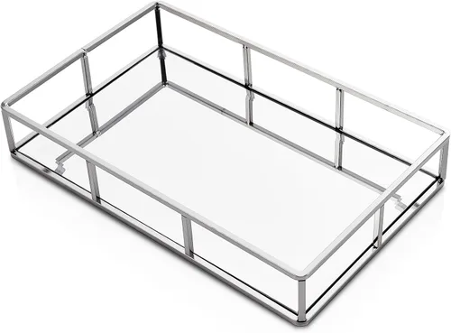 Vista 9 de Bandeja con espejo PuTwo, bandeja dorada para cómoda, bandeja decorativa de metal, bandeja de joyas y perfumes, bandeja para maquillaje para Dorado