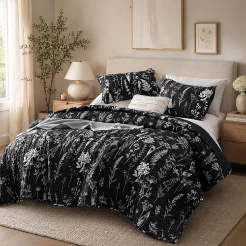 Vista 16 de JANZAA Juego de colcha tamaño Queen de 3 piezas con patrón floral, de microfibra ligera, ropa de cama reversible, 1 colcha y 2 fundas de almohada