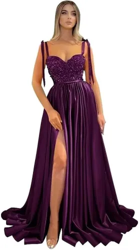 Vista 6 de Vestido de fiesta de lentejuelas brillantes con abertura y tirantes delgados, vestido de noche formal para boda, dama de honor con bolsillos