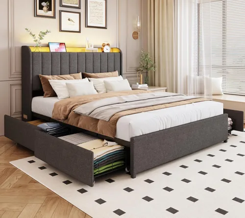 Vista 15 de Marco de cama completa con 4 cajones y cabecera de almacenamiento, marco de cama de plataforma tapizada tamaño completo con luces LED y práctica