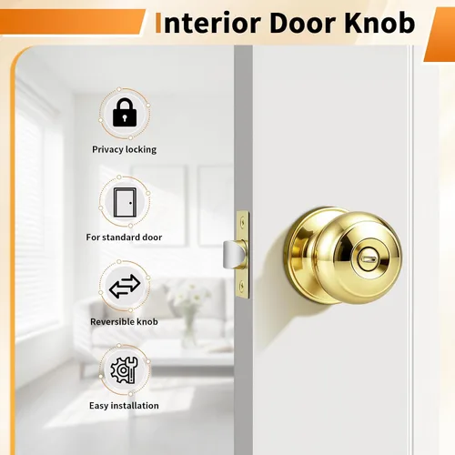 Vista 2 de Probrico Home Bed & Bath - Pomo de puerta de privacidad en latón pulido, accesorios interiores de bola plana, cerradura universal sin llave, 1