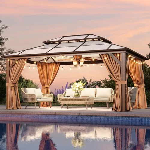 Vista 22 de Aoxun 10'x10' Outdoor Gazebo with Polycarbonate Roof Khaki Single Roof Caqui
