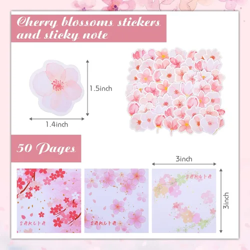 Vista 4 de Crtiin Juego de 74 piezas de papelería Kawaii con diseño de flor de cerezo, bolsa de lápices japonesa Kawaii, lápiz mecánico, borradores de cereza