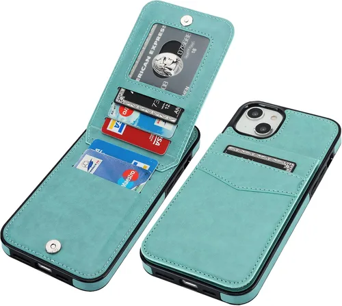 Vista 11 de KIHUWEY - Funda tipo cartera para iPhone 14 Plus, tarjetero con soporte, color negro Ranuras para tarjetas de crédito, piel sintética, cierre