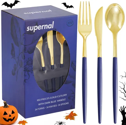 Vista 14 de Supernal 102 cubiertos de plástico dorados, cubiertos dorados con mango negro, colección de cubiertos desechables, incluye 34 tenedores de plástico