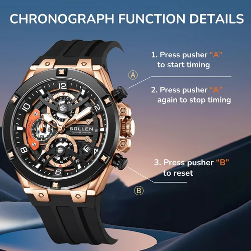 Vista 5 de SOLLEN Men's Chronograph Watch, Analog Quartz Watches for Men, Fashion Sport Wrist Watches with Silicon Strap, 30M Waterproof Casual Dress Work