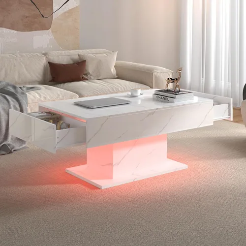 Vista 9 de HedoAjim - Mesa de café negra con LED y 2 cajones de almacenamiento para sala de estar, mesa rectangular de centro para sala de estar, mesas de café