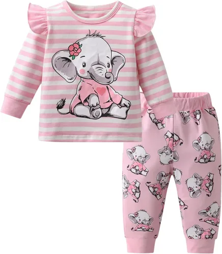 Vista 9 de Conjunto de ropa de bebé niña 2 piezas de manga larga con patrón de dibujos animados trajes infantiles Gris