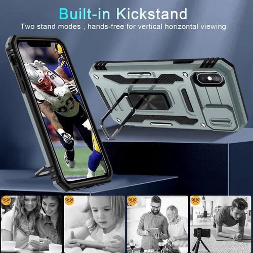 Vista 323 de DEERLAMN Funda para iPhone Xs Max con funda deslizante para cámara + protector de pantalla, soporte giratorio de anillo de grado militar a prueba
