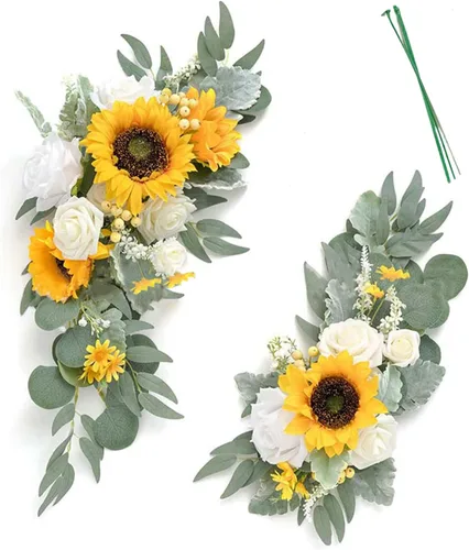Vista 10 de Juego de 2 flores artificiales para arco de boda, flores artificiales para letrero de boda, decoración de boda polvorienta para decoración de Champán