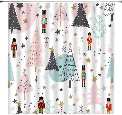 Vista 22 de GCTNBJL Cortina de ducha navideña para RV, diseño de árbol de pino, copo de nieve, estrella, bosque, vacaciones de invierno, naturaleza rústica