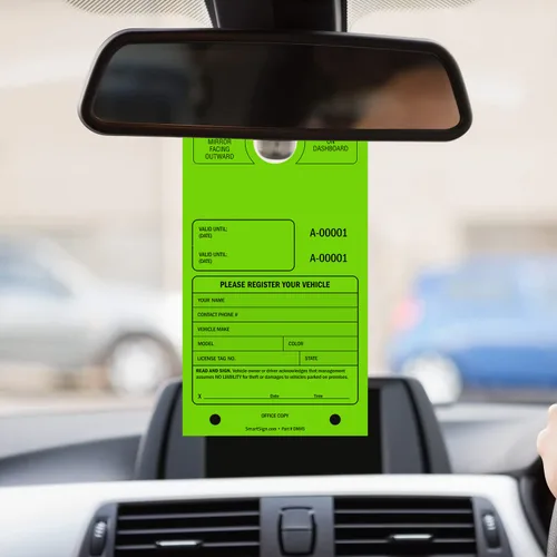 Vista 8 de SmartSign Etiqueta colgante de espejo "Permiso de estacionamiento temporal" Paquete de 50 Verde fluorescente Cartulina de 7.75 x 4.25 pulgadas