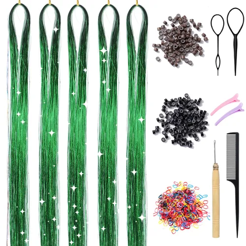 Vista 13 de Kit de oropel para el cabello con herramientas de 48 pulgadas, 1200 hebras de cabello de oropel dorado, resistentes al calor, extensiones de cabello