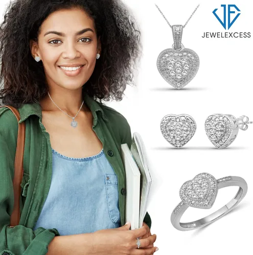 Vista 2 de JEWELEXCESS Juego de joyas de corazón de 3 piezas con diamantes blancos de 13 quilates en plata de ley
