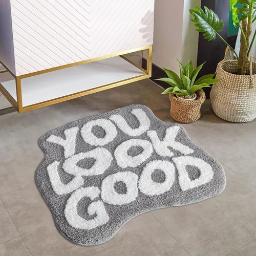Vista 11 de Alfombra de baño negra con texto en inglés "You Look Good", alfombra de baño divertida, bonita, antideslizante, de microfibra, de felpa, pequeña