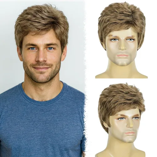 Vista 12 de DDHAIR Peluca rubia para hombre, pelo sintético corto en capas con parte Rubio