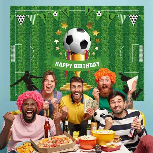 Vista 6 de Cartel de fondo de feliz cumpleaños de fútbol de 5 x 3 pies, decoraciones de fiesta temática deportiva para niños y niños, suministros de fiesta