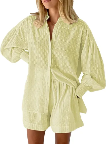 Vista 2 de Fixmatti 2 Piece Outfits Long Sleeve Button Down Shirt and Shorts Sweatsuit Lounge Sets