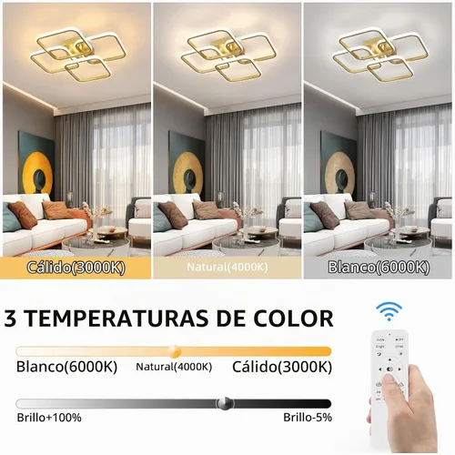 Vista 2 de CANEOE Lámpara de techo LED dorada moderna de 4 cuadrados, regulable, control remoto, montaje empotrado cuadrado, iluminación interior para Dorado
