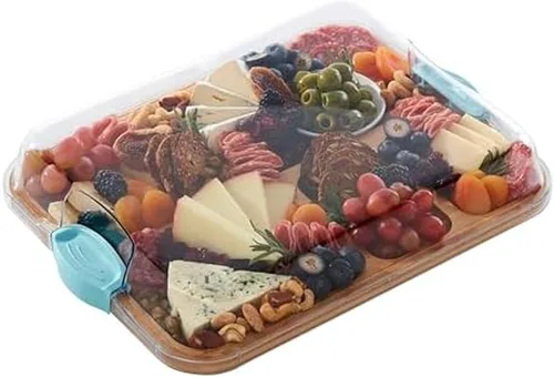Vista 13 de FARBERWARE Tabla de cortar Build-a-Board con tres compartimentos y tapa de bloqueo transparente para charcutería, bocadillos y más, de acacia