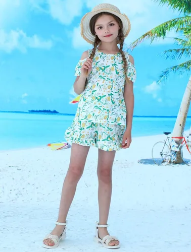 Vista 4 de Conjunto de camiseta sin mangas y shorts para niñas, ropa para verano, set de 2 piezas, 2 a 7 años