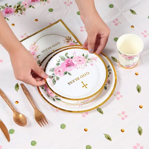 Vista 6 de Platos de fiesta religiosa para 24 invitados – bautismo, primera comunión, confirmación (rosa2)