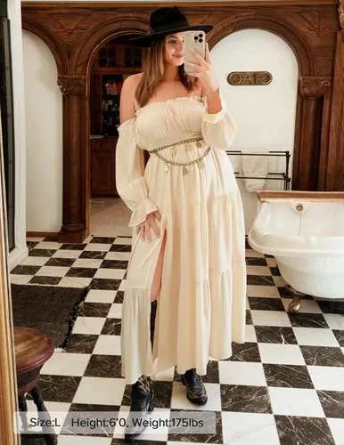 Vista 61 de ZESICA - Vestido largo, bohemio y sexy, con hombros descubiertos y manga larga fruncida, con elástico fruncido, cintura alta y abertura lateral