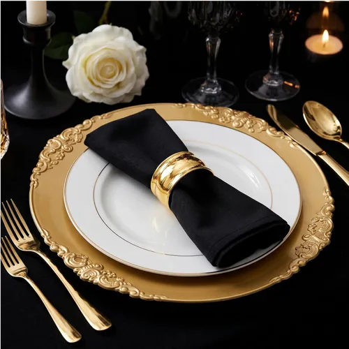 Vista 9 de Okllen Paquete de 12 Platos Base Dorados, Platos Base Redondos para Cena de 13" con Borde en Relieve para Catering, Boda, Decoración de Mesa