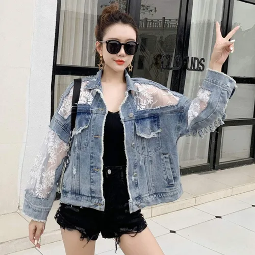 Vista 3 de ebossy Chaqueta de mezclilla para mujer, con bordado floral, con encaje, rasgada, desgastada