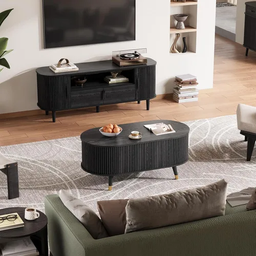 Vista 8 de SULIVES Mesa auxiliar ovalada con almacenamiento, mesa de centro multifuncional con tambor elevable, pequeña mesa central acanalada para sala