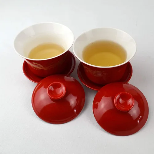 Vista 3 de Gaiwan - Juego de 2 tazas de porcelana de 8 onzas, diseño de dragón chino y fénix