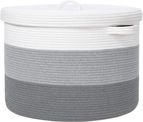Vista 17 de Cesta de almacenamiento extra grande de 16" x 16" x 18" con tapa, cestas de almacenamiento de cuerda de algodón, canasta de lavandería, contenedor