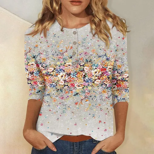 Vista 2 de Blusas para mujer, blusas elegantes y casuales de manga 34 con botones, camisas florales de trabajo