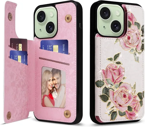 Vista 76 de UEEBAI Funda tipo cartera para iPhone 13 con tarjeteros, piel sintética, diseño floral, función atril, bloqueo RFID, doble cierre magnético, funda