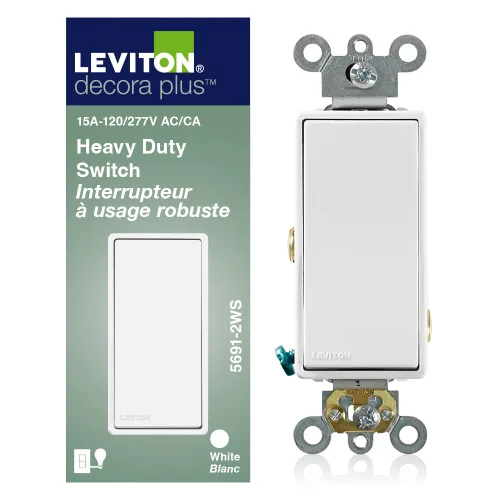 Vista 4 de Leviton Decora Plus interruptor silencioso de CA monpolar de 15 amperios, 120/277 voltios, grado comercial, 5691-2E, negro