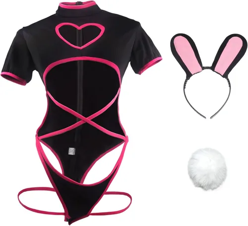 Vista 2 de paloli Disfraz de conejito para mujer, sexy, de una pieza, con corte de anime, parte delantera de corazón, lindo conjunto de traje