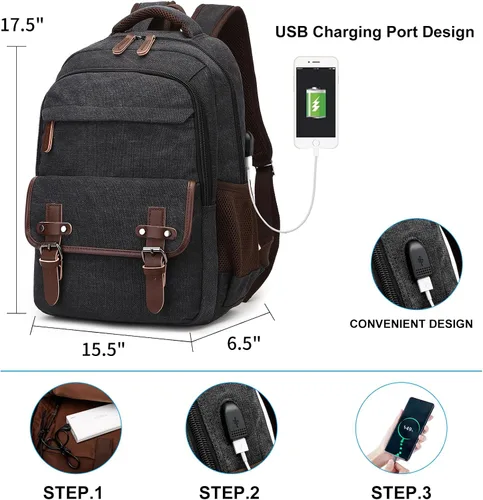 Vista 2 de Mochila de lona para laptop con puerto de carga USB, mochila vintage para hombres y mujeres, mochila negra de viaje para trabajo, mochila Negro