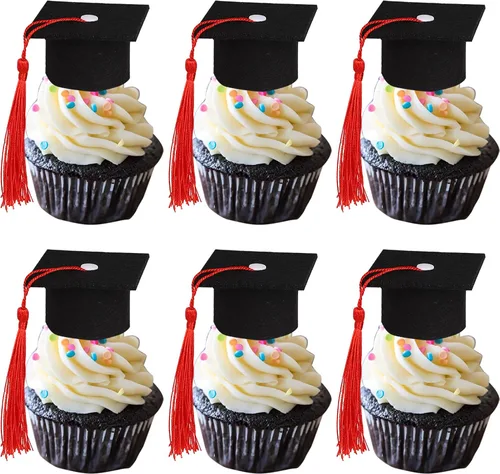 Vista 18 de Paquete de 24 adornos de graduación 3D 2024 para cupcakes 2024 con borlas doradas para fiestas temáticas de graduación 2024, suministros