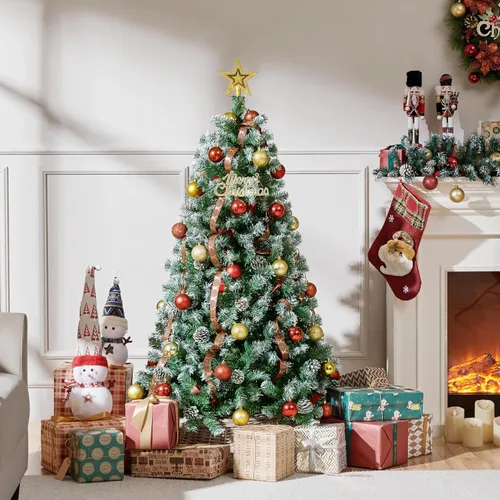 Vista 2 de Yaheetech Árbol de Navidad artificial de 4.5 pies, árbol de Navidad flocado con 35 piñas, 412 puntas esmeriladas, árbol predecorado para decoración