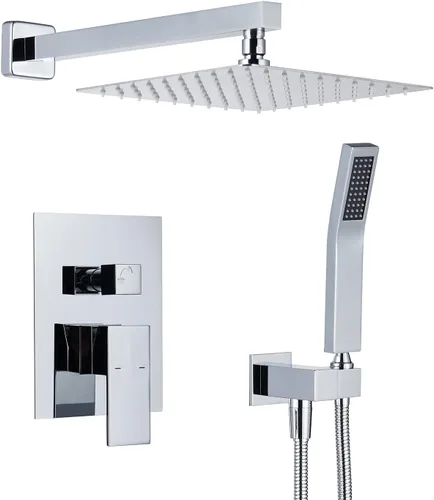 Vista 8 de Sistema de ducha de 10 pulgadas, juego combinado de ducha de lluvia, grifo de montaje en pared negro, grifos de baño con cabezal de ducha de lluvia