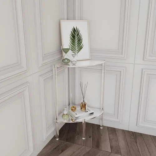 Vista 5 de Eglaf - Mesa auxiliar de esquina acrílica de 2 niveles, mesa auxiliar transparente Triangle Side Table, Fan-Shaped Corner Table for Living Room