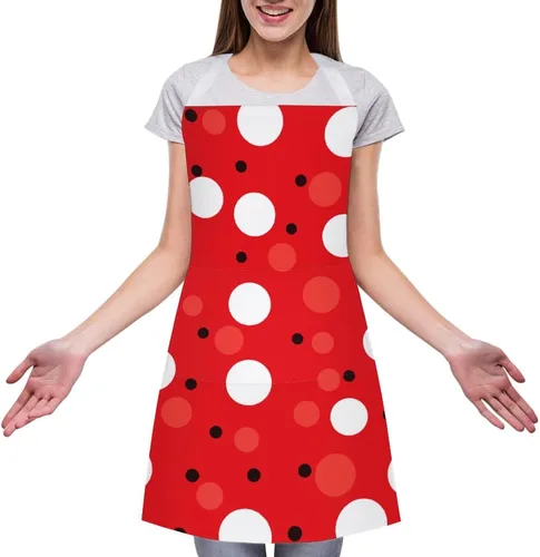 Vista 3 de Personalized Red White Polka Dot Adult Apron, Kitchen Cooking Aprons for Woman Man, Adjustable Bib Apron with Pocket for Baking, BBQ Crafting