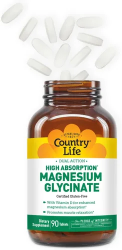 Vista 4 de Country Life Glicinato de magnesio de doble acción de alta absorción, 90 tabletas