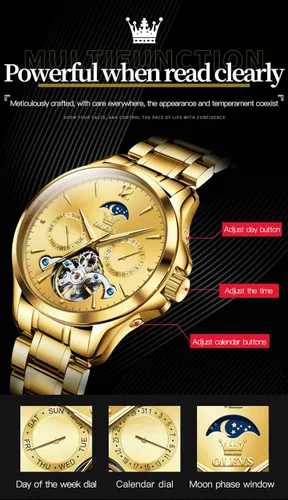 Vista 6 de OLEVS Watches Mens Automatic Self Winding Mechanical Gold Skeleton Fashion Luxury Dress Moon Phase Stainless Steel Tourbillon Mens Wrist Watch Day