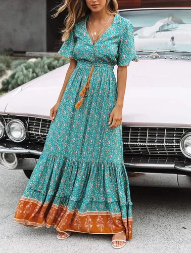 Vista 3 de R.Vivimos Vestido por debajo de la rodilla, para mujer, manga corta, de algodón, con cuello en V, diseño floral y estilo informalbohemio